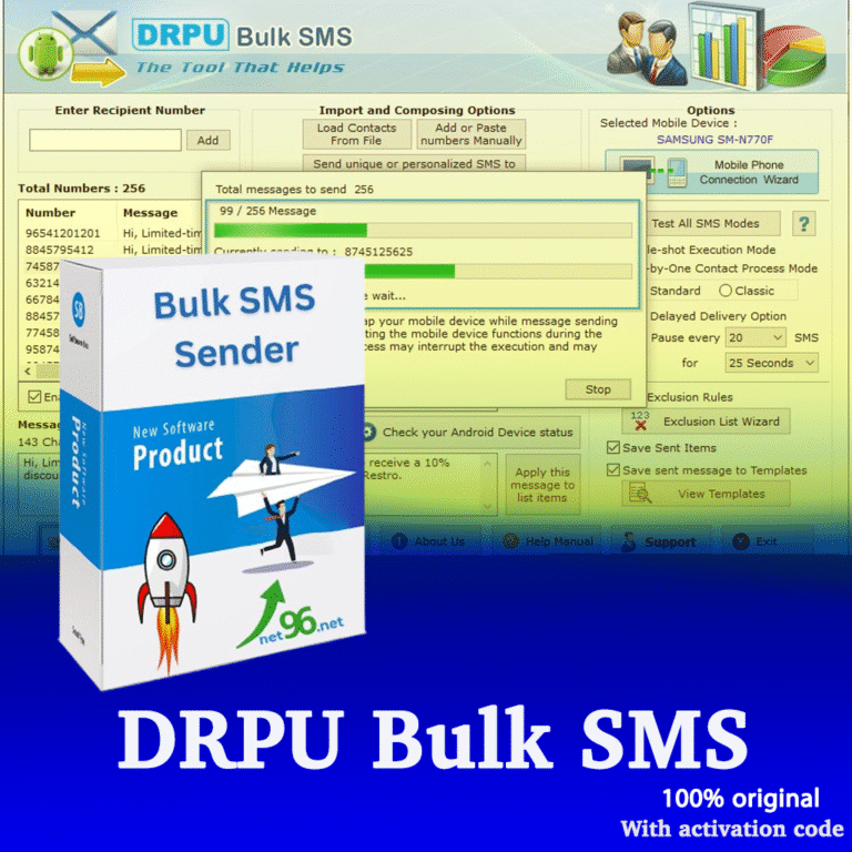 Logo Image: Bulk SMS Sender logo marketing tool Dashboard Screenshot: Bulk SMS Sender dashboard showing SMS campaign details Delivery Report Example: Delivery report of Bulk SMS Sender campaign