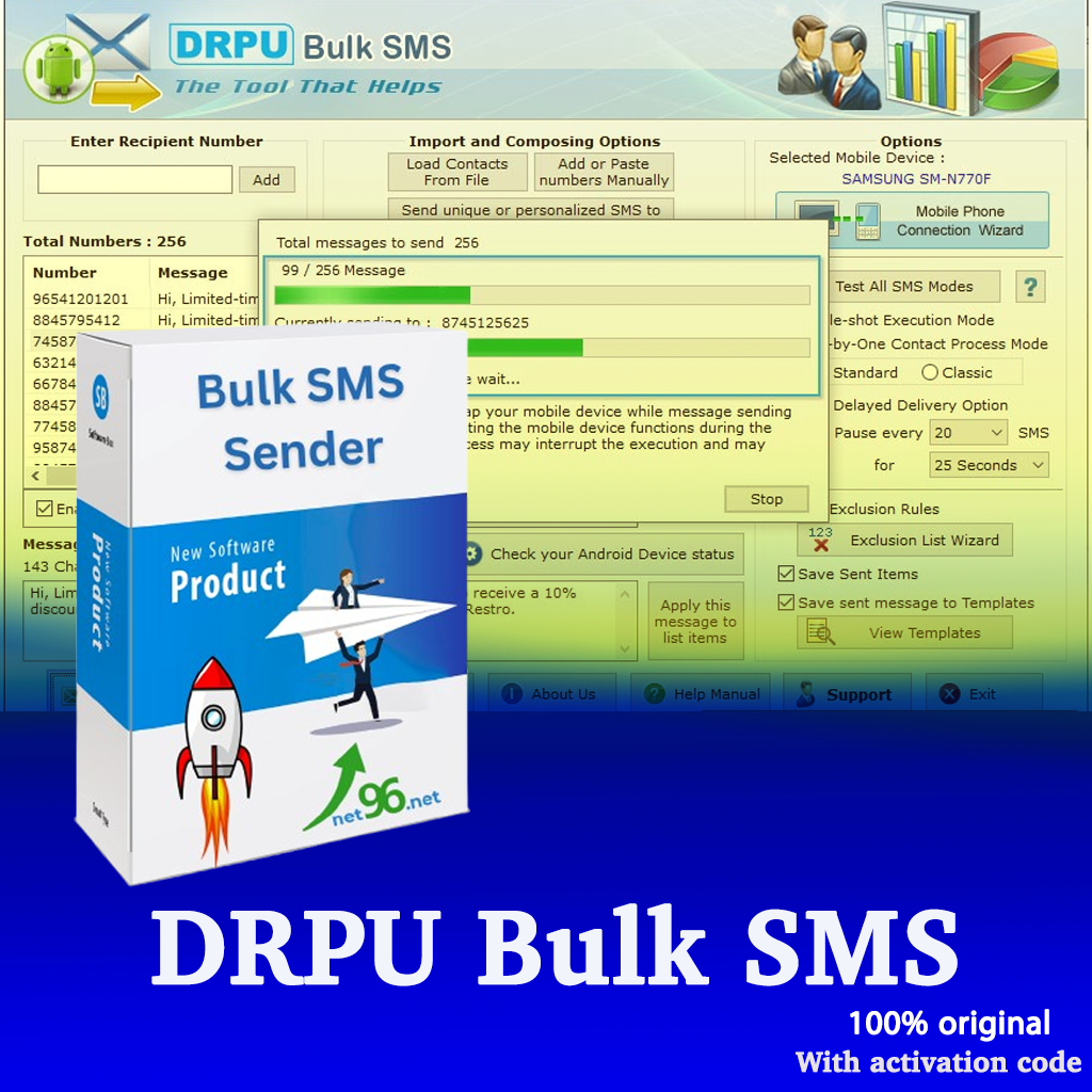 Logo Image: Bulk SMS Sender logo marketing tool Dashboard Screenshot: Bulk SMS Sender dashboard showing SMS campaign details Delivery Report Example: Delivery report of Bulk SMS Sender campaign