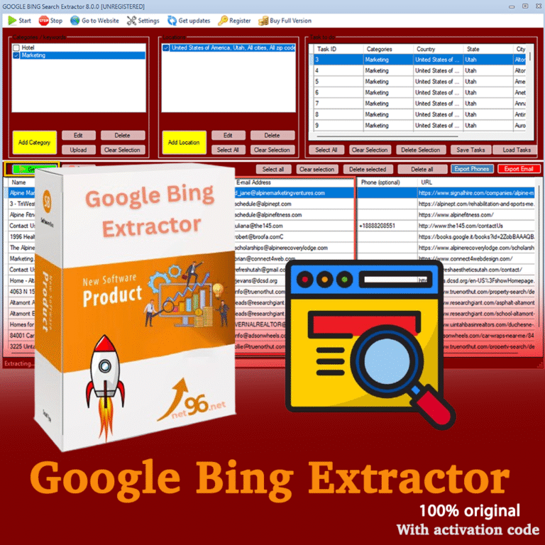 Logo Image: Google Bing Extractor software logo Dashboard Screenshot: Google Bing Extractor dashboard with lead generation results Export Example: Google Bing Extractor exporting leads into Excel file