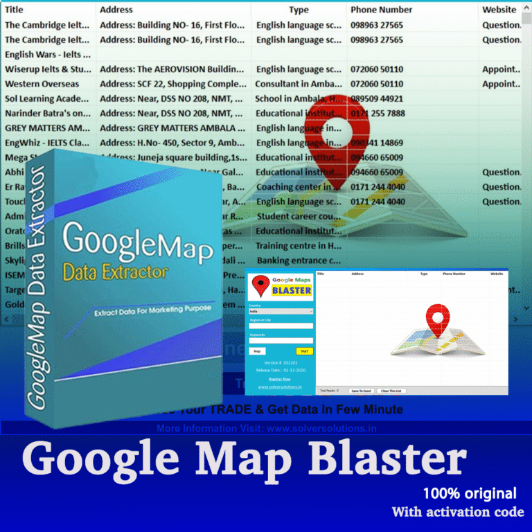 Logo Image: Google Map Blaster data extraction tool logo Dashboard Screenshot: Google Map Blaster dashboard showing extracted business data Export Example: Example of exported lead list from Google Map Blaster